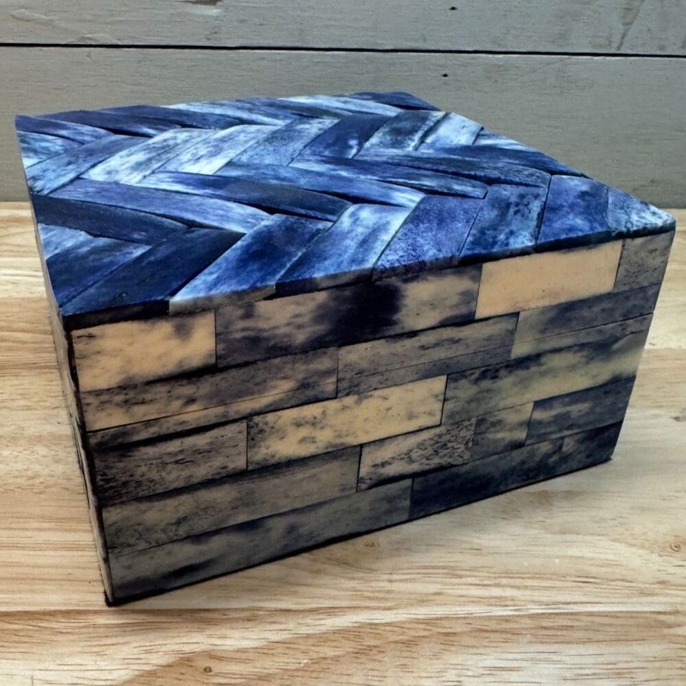 Beautifully Crafted 6" Wooden Box with a Blue in 3 Tones Chevron Inlay Lined